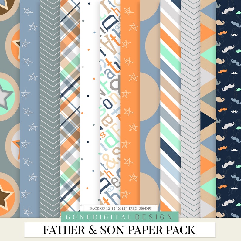 May include: A digital paper pack with 12 different patterns in blue, orange, white, and gray. The patterns include stars, stripes, plaid, polka dots, and chevron. The text "PACK OF 12 12" X 12" JPEG 300DPI" and "GONEDIGITAL DESIGN FATHER & SON PAPER PACK" is included in the image.