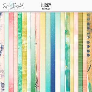 May include: A set of 18 digital paper backgrounds in a variety of colors and patterns, including green, blue, yellow, and pink. The papers feature textures like watercolor, stripes, and polka dots. The text "LUCKY EXTRAS" is at the top of the image.