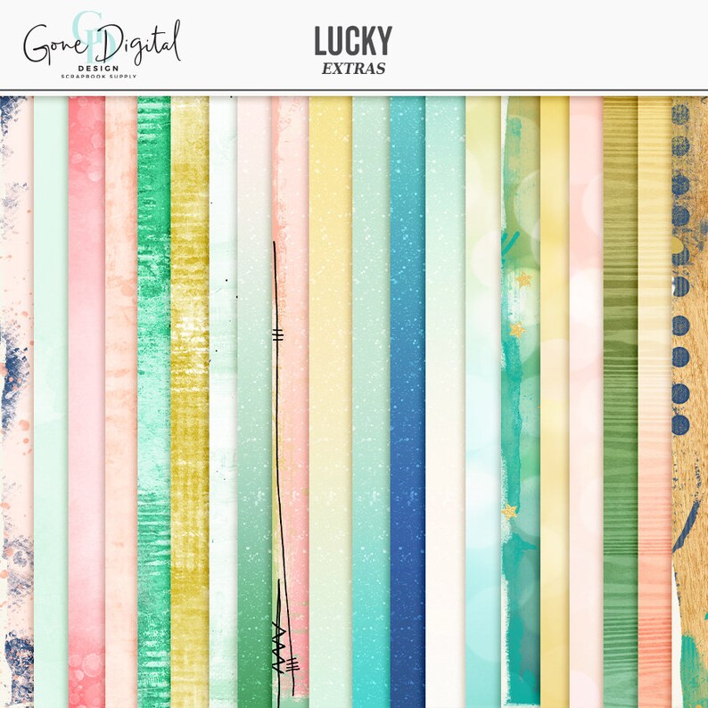 May include: A set of 18 digital paper backgrounds in a variety of colors and patterns, including green, blue, yellow, and pink. The papers feature textures like watercolor, stripes, and polka dots. The text "LUCKY EXTRAS" is at the top of the image.