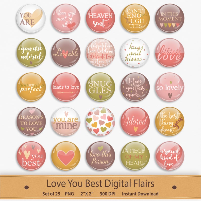 Op de afbeelding: Set van 25 digitale stickers met liefdesthema met verschillende zinnen en ontwerpen. De stickers zijn rond en hebben een glanzende afwerking. De stickers zijn 5 cm in diameter en 300 DPI.