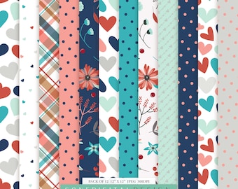 Valentine Digital Paper Pack: Love Patterns, Scrapbook Art (Digital Download)