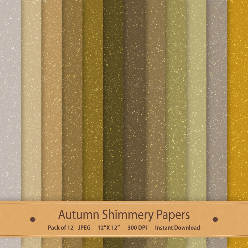 May include: A set of 12 digital papers featuring a shimmery, textured autumn colour palette. The papers are 12 inches by 12 inches and 300 DPI.  "Autumn Shimmery Papers" and "Pack of 12 JPEG 12"X12" 300 DPI Instant Download" are printed on the bottom of the image.