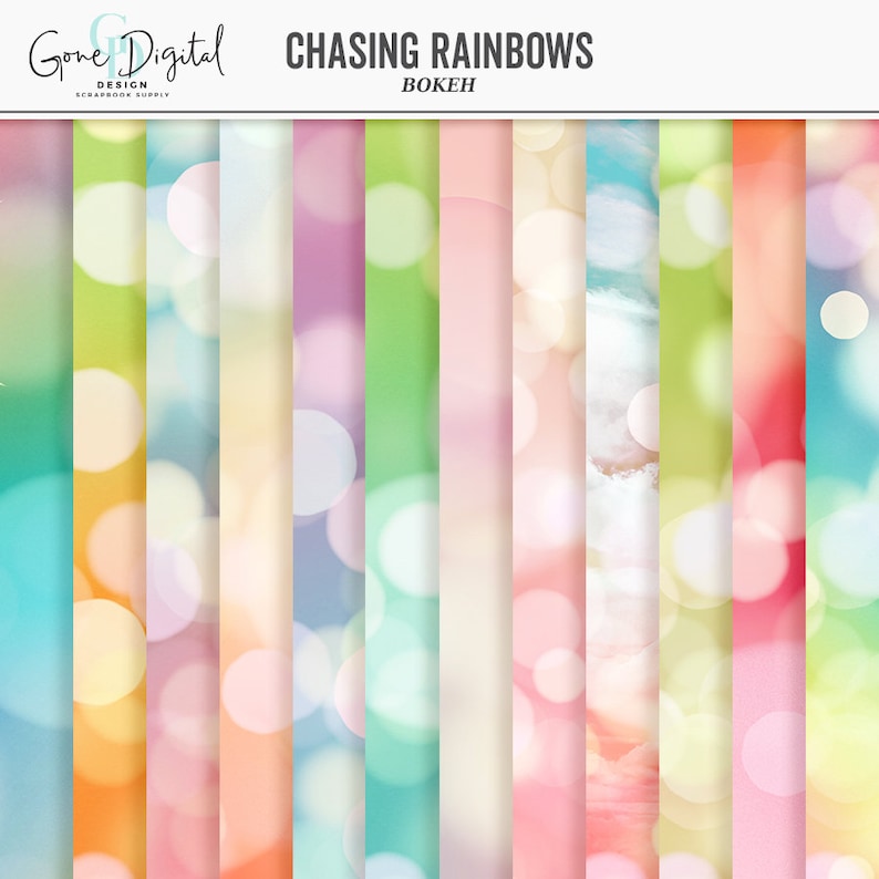 Pu&ograve; includere: Un pacchetto di carta digitale con 12 diversi sfondi colorati che presentano cerchi sfocati e un effetto bokeh. Il titolo "Chasing Rainbows Bokeh" &egrave; in cima all'immagine.