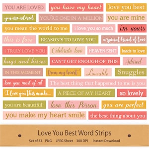 Love Word Strips Clipart: Valentine Scrapbook Embellishments (Digital Download) afbeelding 1