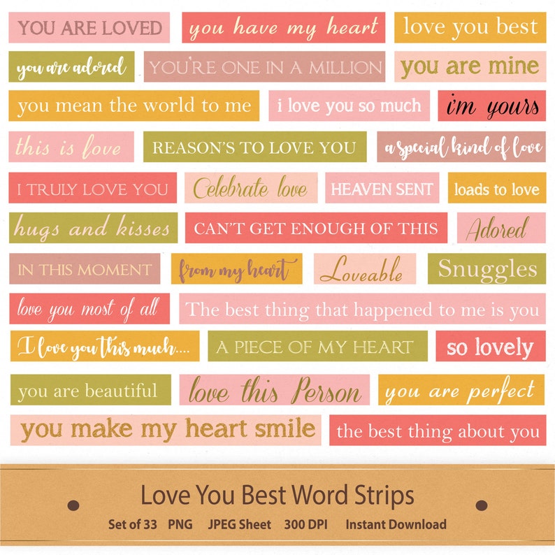 Love Word Strips Clipart: Valentine Scrapbook Embellishments (Digital Download) afbeelding 1