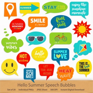 Puede incluir: Conjunto de 20 burbujas de di&aacute;logo coloridas con texto de tem&aacute;tica veraniega. Las burbujas son de diversas formas, incluyendo corazones, estrellas y nubes. El texto incluye frases como "Summer Love", "Stay Cool" y "Fun in the Sun".