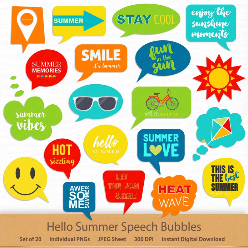 Puede incluir: Conjunto de 20 burbujas de di&aacute;logo coloridas con texto de tem&aacute;tica veraniega. Las burbujas son de diversas formas, incluyendo corazones, estrellas y nubes. El texto incluye frases como "Summer Love", "Stay Cool" y "Fun in the Sun".