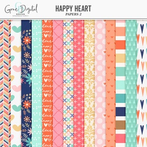 Puede incluir: Un conjunto de 12 papeles digitales con varios patrones con corazones, flores y dise&ntilde;os geom&eacute;tricos en tonos de rosa, azul y amarillo. Los papeles est&aacute;n etiquetados como "Happy Heart Papers 2".