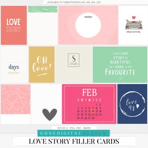 May include: A set of 12 printable love story filler cards in pink, yellow, blue, and green with various text and illustrations. The cards include phrases like "Love Story", "Oh Love!" and "Every Love Story is Beautiful but Ours is My Favourite".