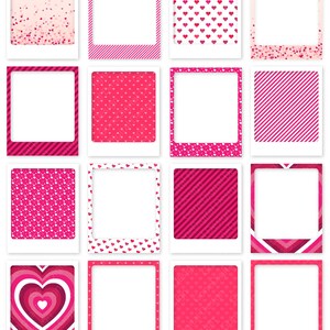 May include: Set of 16 pink and white photo frames with different heart patterns. The frames are 4 inches by 5 inches and 300 DPI.