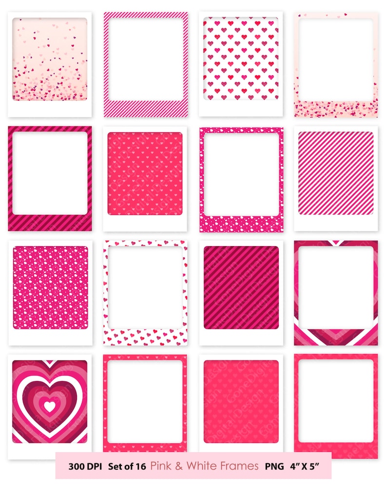 May include: Set of 16 pink and white photo frames with different heart patterns. The frames are 4 inches by 5 inches and 300 DPI.