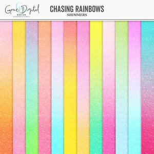 May include: A digital paper pack with 12 different gradient patterns. Each pattern features a shimmery, glittery texture and a rainbow color scheme. The colors include orange, yellow, green, blue, pink, and purple.