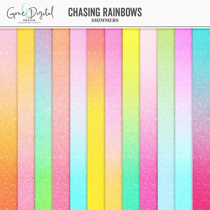 May include: A digital paper pack with 12 different gradient patterns. Each pattern features a shimmery, glittery texture and a rainbow color scheme. The colors include orange, yellow, green, blue, pink, and purple.