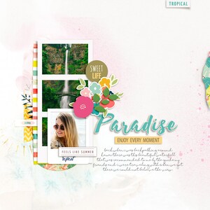 K&ouml;nnte beinhalten: Eine Scrapbook-Seite mit tropischem Thema mit einem Foto eines Wasserfalls, einem Foto einer Frau mit Sonnenbrille und dem Text "Paradise Enjoy Every Moment".