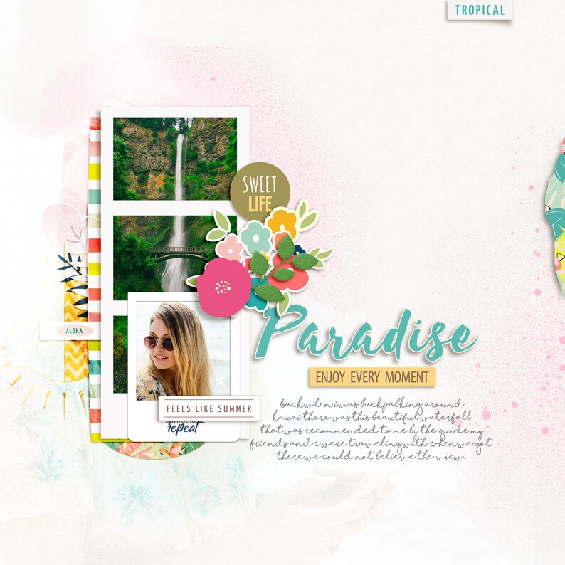 K&ouml;nnte beinhalten: Eine Scrapbook-Seite mit tropischem Thema mit einem Foto eines Wasserfalls, einem Foto einer Frau mit Sonnenbrille und dem Text "Paradise Enjoy Every Moment".