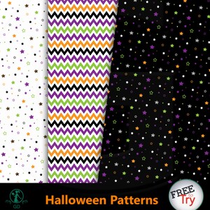 May include: Three digital paper patterns for Halloween. The first pattern is white with purple, green, and orange stars. The second pattern is a chevron pattern with purple, green, orange, and black stripes. The third pattern is black with purple, green, orange, and white stars. The patterns are 12 inches by 12 inches and 300 DPI.