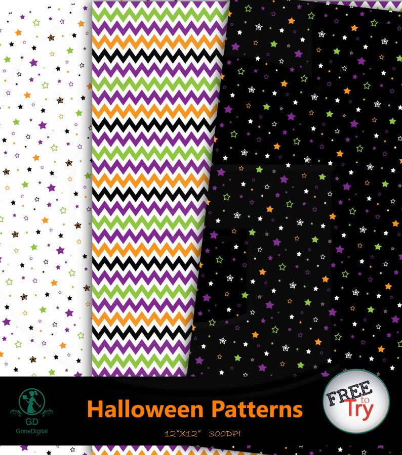 May include: Three digital paper patterns for Halloween. The first pattern is white with purple, green, and orange stars. The second pattern is a chevron pattern with purple, green, orange, and black stripes. The third pattern is black with purple, green, orange, and white stars. The patterns are 12 inches by 12 inches and 300 DPI.
