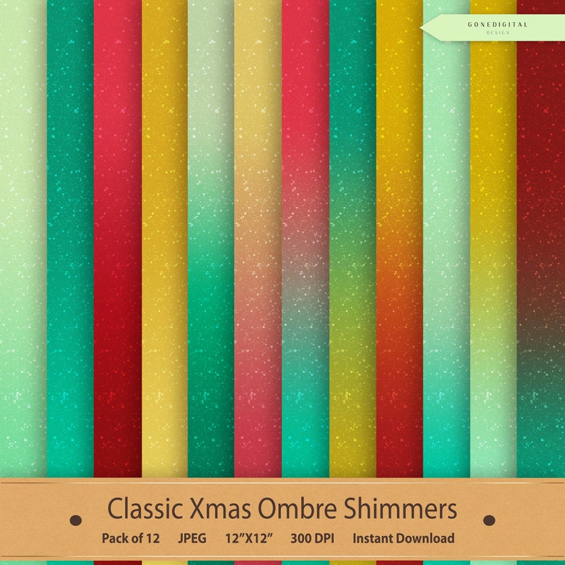 Puede incluir: Un conjunto de 12 fondos de papel digital con degradados de color ombre y un efecto brillante. Los colores incluyen rojo, amarillo, verde y azul. Cada papel mide 30,5 cm por 30,5 cm y 300 DPI.