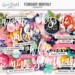 May include: A collection of Valentine's Day themed digital scrapbook elements featuring pink, red, blue, and yellow colors. The elements include hearts, butterflies, flowers, and text such as "love is a wonderful thing", "be mine", "sweetheart", and "february 14th".