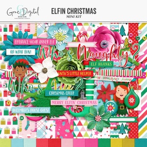May include: A digital scrapbooking kit with a Christmas theme featuring elves, presents, and the text "Elfin Christmas Mini Kit". The kit includes various patterns and designs in red, green, white, and blue.