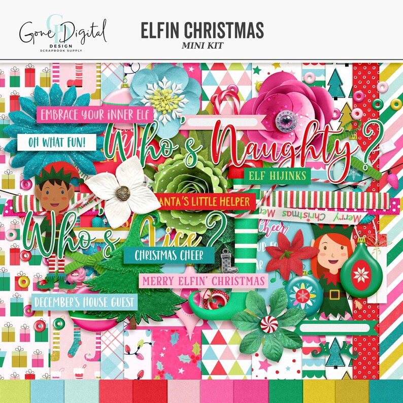 May include: A digital scrapbooking kit with a Christmas theme featuring elves, presents, and the text "Elfin Christmas Mini Kit". The kit includes various patterns and designs in red, green, white, and blue.
