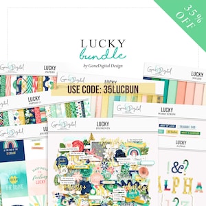 Lucky Digital Spring Bundle PNG Scrapbook Bundles Lucky Paper Grungy St Patricks Day Lucky Rainbow Texture Lucky Card Lucky Clipart Word Art