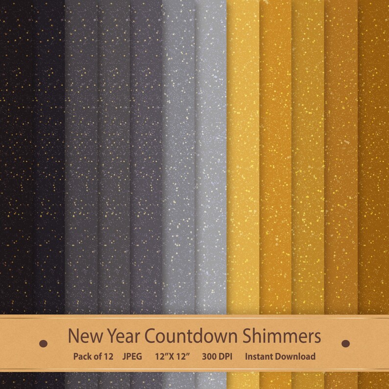 K&ouml;nnte beinhalten: Ein Set mit 12 digitalen Papierhintergr&uuml;nden mit schimmerndem Glitzer-Effekt in den Farben Schwarz, Grau und Gold. Die Papiere sind 30,5 cm x 30,5 cm gro&szlig; und haben eine Aufl&ouml;sung von 300 DPI.