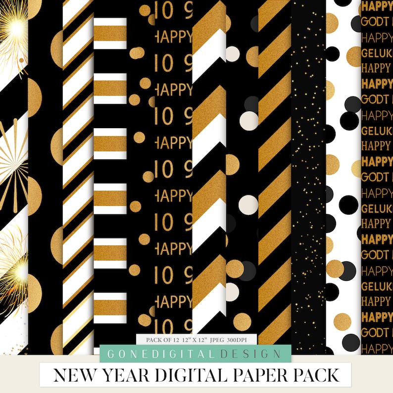 May include: A digital paper pack with 12 different patterns for New Year's Eve. The patterns feature gold and black colors with various designs, including polka dots, stripes, and chevron patterns. The text "10 9 HAPPY" is repeated on several of the patterns.