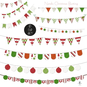 K&ouml;nnte beinhalten: Eine Sammlung festlicher nordischer Weihnachts-Wimpelketten in Rot, Gr&uuml;n und Wei&szlig;. Die Clip-Art-Designs zeigen verschiedene Muster, darunter B&auml;ume, Rentiere, Streifen und Punkte. Der Text "Nordic Christmas Bunting" steht oben.