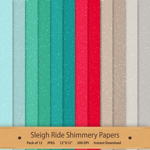Pu&ograve; includere: Un pacchetto di 12 carte digitali con una texture scintillante e brillante. Le carte sono in varie tonalit&agrave; di blu, verde, rosso e beige. Le carte misurano 30,5 cm per 30,5 cm e 300 DPI.  Sleigh Ride Shimmery Papers. Pack of 12 JPEG 12"X12" 300 DPI Instant Download