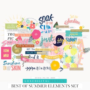 Digital Summer Elements Digital Scrapbook Embellishments Summer Tropical Clipart Summer PNG Flower Clipart Summer Word Snippet Printable PDF
