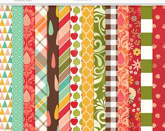 Fall Digital Paper Pack: Autumn Floral, Plaid, Apple Patterns (Digital Download)