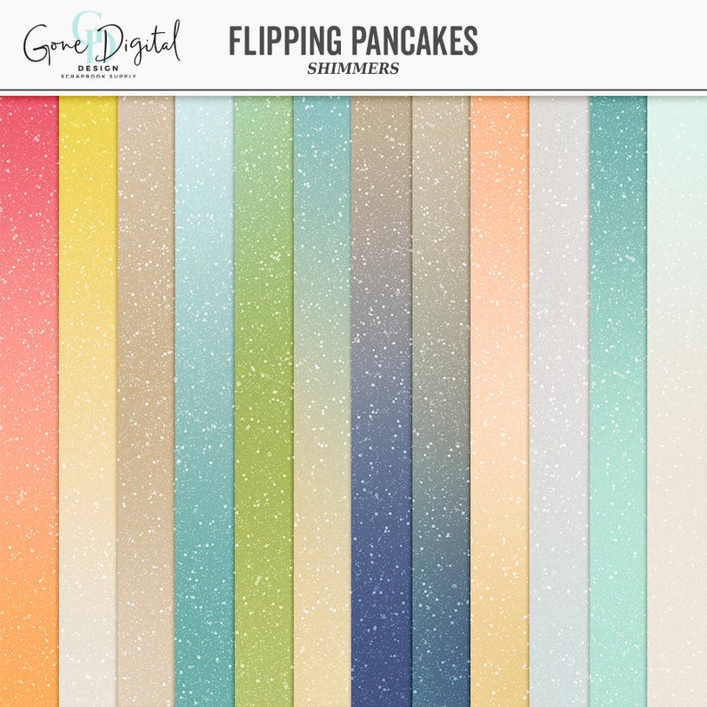 May include: A set of 16 digital paper backgrounds with a shimmery, speckled texture. The papers feature a gradient of colors, including pink, yellow, green, blue, and beige. The papers are labeled "Flipping Pancakes Shimmers".