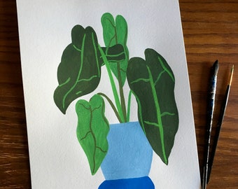 Peinture végétale bleue et verte, Peinture originale à la gouache, Peinture végétale originale, Œuvre d’art originale