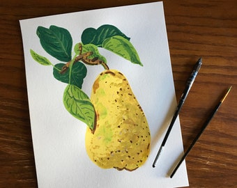 Peinture poire jaune et verte, peinture originale à la gouache, peinture originale de fruits, oeuvre d'art originale