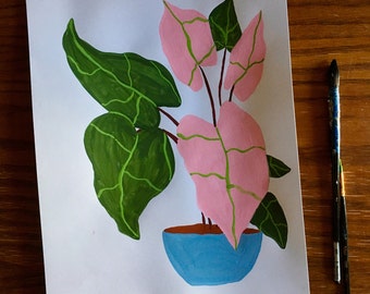 Pink and green plant painting, Original gouache painting, Original plant painting, Original artwork