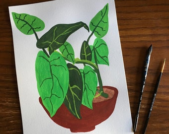 Green and brown plant painting, Original gouache painting, Original plant painting, Original artwork