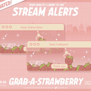 7x Animated Alerts Grab A Strawberry / Fun Fair / Pastel / Overlay / Border / Alert / Kawaii / Twitch / Pixel / Pink / Rose
