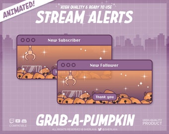 7x Animated Alerts Grab A Pumpkin / Fun Fair / Pastel / Overlay / Border / Alert / Kawaii / Twitch / Pixel / Halloween / Purple / Orange