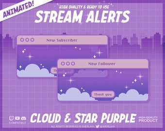 7x Animated Alerts Cloud & Star Purple / Pastel / Overlay / Border / Alert / Kawaii / Twitch / Pixel / Transparent