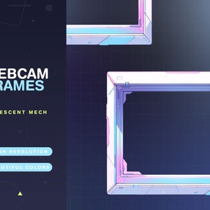 May include: Two iridescent webcam frames with a white, blue, and pink color scheme. The frames are designed with a futuristic, mechanical aesthetic. The text "WEB CAM FRAMES" and "IRIDESCENT MECH" is displayed on the left side of the image.