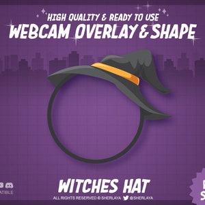 Könnte beinhalten: Ein lilafarbener Hintergrund mit einem schwarzen Hexenhut mit einem gelben Band. Der Hut befindet sich über einem Kreis mit einem Webcam-Overlay. Der Text "HIGH QUALITY & READY TO USE WEBCAM OVERLAY & SHAPE" befindet sich oben im Bild. Der Text "WITCHES HAT" befindet sich in der Mitte des Bildes. Der Text "EASY SETUP!" befindet sich in der unteren rechten Ecke des Bildes. Der Text "COMPATIBLE" befindet sich in der unteren linken Ecke des Bildes.
