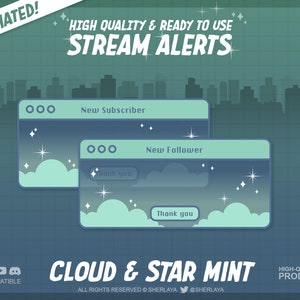 Könnte beinhalten: Animierte Stream-Benachrichtigungen mit einem Wolken- und Sternendesign. Die Benachrichtigungen sind in einem blau-grünen Farbschema mit dem Text "Neuer Abonnent" und "Neuer Follower".