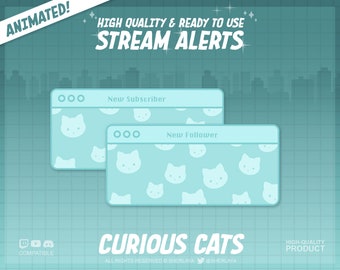Puede incluir: Alertas de transmisión animadas con un patrón de gato azul y blanco. Las alertas dicen "Nuevo suscriptor" y "Nuevo seguidor". El texto "CURIOUS CATS" está en la parte inferior de la imagen.