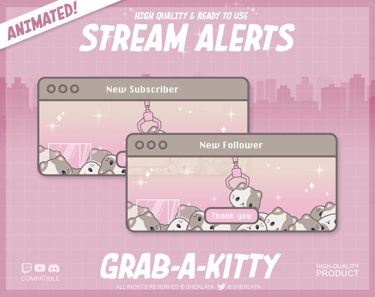 7x Animated Alerts Grab A Kitty / Fun Fair / Pastel / Overlay / Border / Alert / Kawaii / Twitch / Pixel / Cat / Kitten / Cats