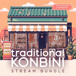 May include: Illustration of a traditional Japanese konbini, or convenience store, with a green tiled roof and a striped awning. The image includes the text "traditional KONBINI STREAM BUNDLE" and a vending machine.