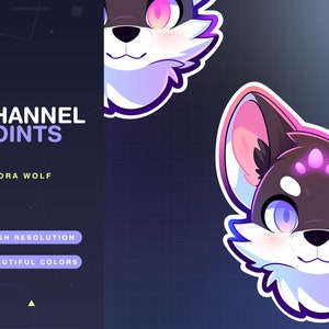 Könnte beinhalten: Zwei digitale Illustrationen eines Wolfskopfes mit rosa Ohren, einer weißen Schnauze und violetten und blauen Akzenten. Der Text "CHANNEL POINTS" und "AURORA WOLF" wird auf dem Bild angezeigt.