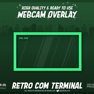 Könnte beinhalten: Ein grünes und schwarzes Webcam-Overlay mit einem Retro-Computerterminal-Thema. Das Overlay verfügt über ein grünes Rechteck mit dem Text "CAM. EXE" und ein großes grünes Rechteck für den Webcam-Feed. Der Text "RETRO COM TERMINAL" befindet sich am unteren Rand des Overlays.