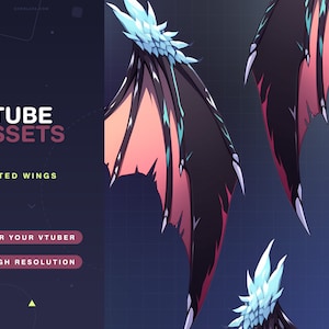 May include: A set of three digital illustrations of black, pink and blue wings with jagged edges. The wings are designed for use as virtual assets for VTubers.