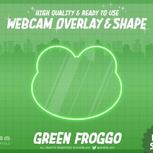 Könnte beinhalten: Grüner Webcam-Overlay mit einer Froschform. Der Overlay ist in Neongrün umrandet und hat eine transparente Mitte. Der Text "HIGH QUALITY & READY TO USE WEBCAM OVERLAY & SHAPE" befindet sich oben im Bild. Der Text "GREEN FROGGO" befindet sich unten im Bild. Der Text "EASY SETUP!" befindet sich in der unteren rechten Ecke des Bildes.